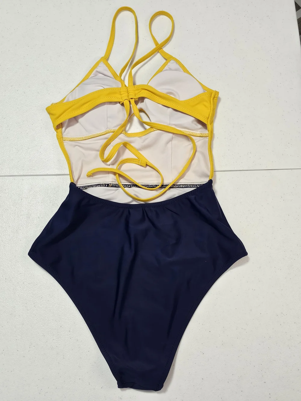 Cupshe Yellow and Navy Colorblock One-Piece Swimsuit Keyhole Adjustable Back